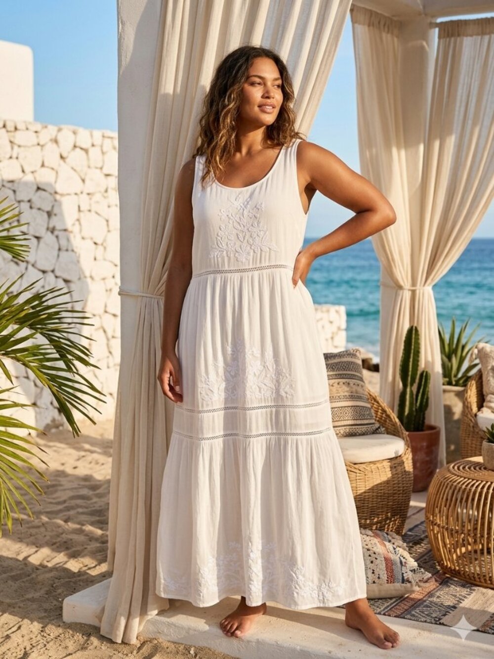 J Jill Bohemian White Embroidered Maxi Dress Large